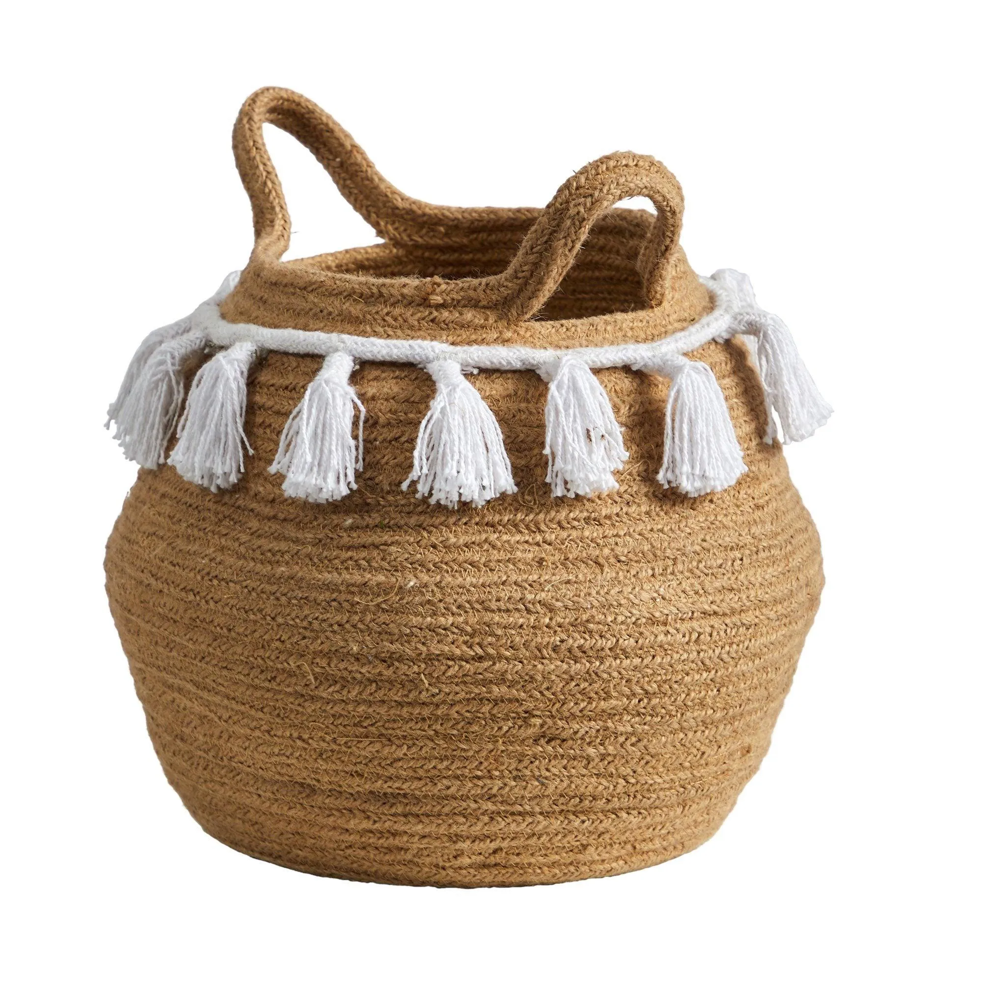 11” Boho Chic Handmade Natural Cotton Woven  Planter with Tassels by Nearly Natural