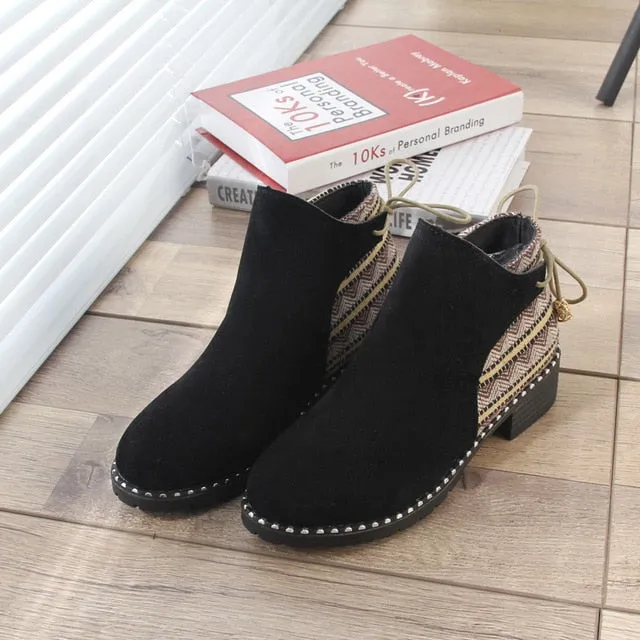2018 Fashion Ankle Boots For Women Autumn Winter Chunky Heels Flock Shoes Woman Bohemian Warm Plush Snow Boots Khaki Botas Mujer