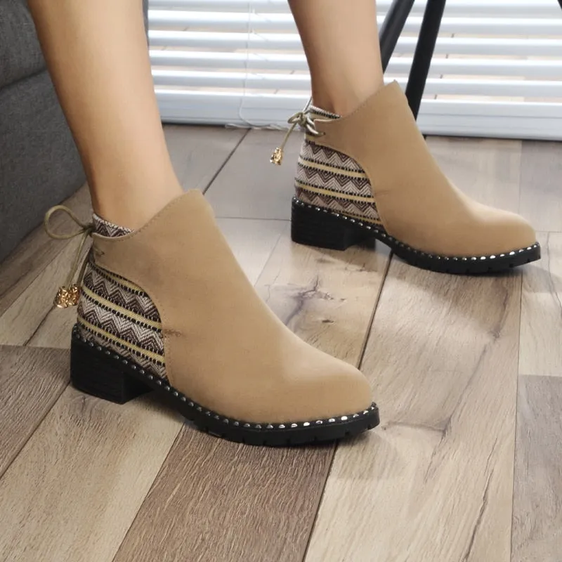 2018 Fashion Ankle Boots For Women Autumn Winter Chunky Heels Flock Shoes Woman Bohemian Warm Plush Snow Boots Khaki Botas Mujer