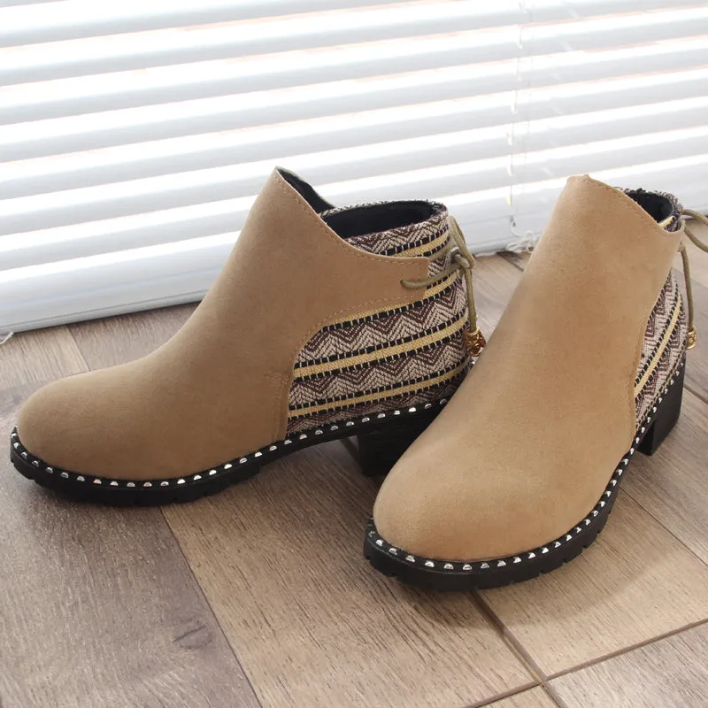 2018 Fashion Ankle Boots For Women Autumn Winter Chunky Heels Flock Shoes Woman Bohemian Warm Plush Snow Boots Khaki Botas Mujer