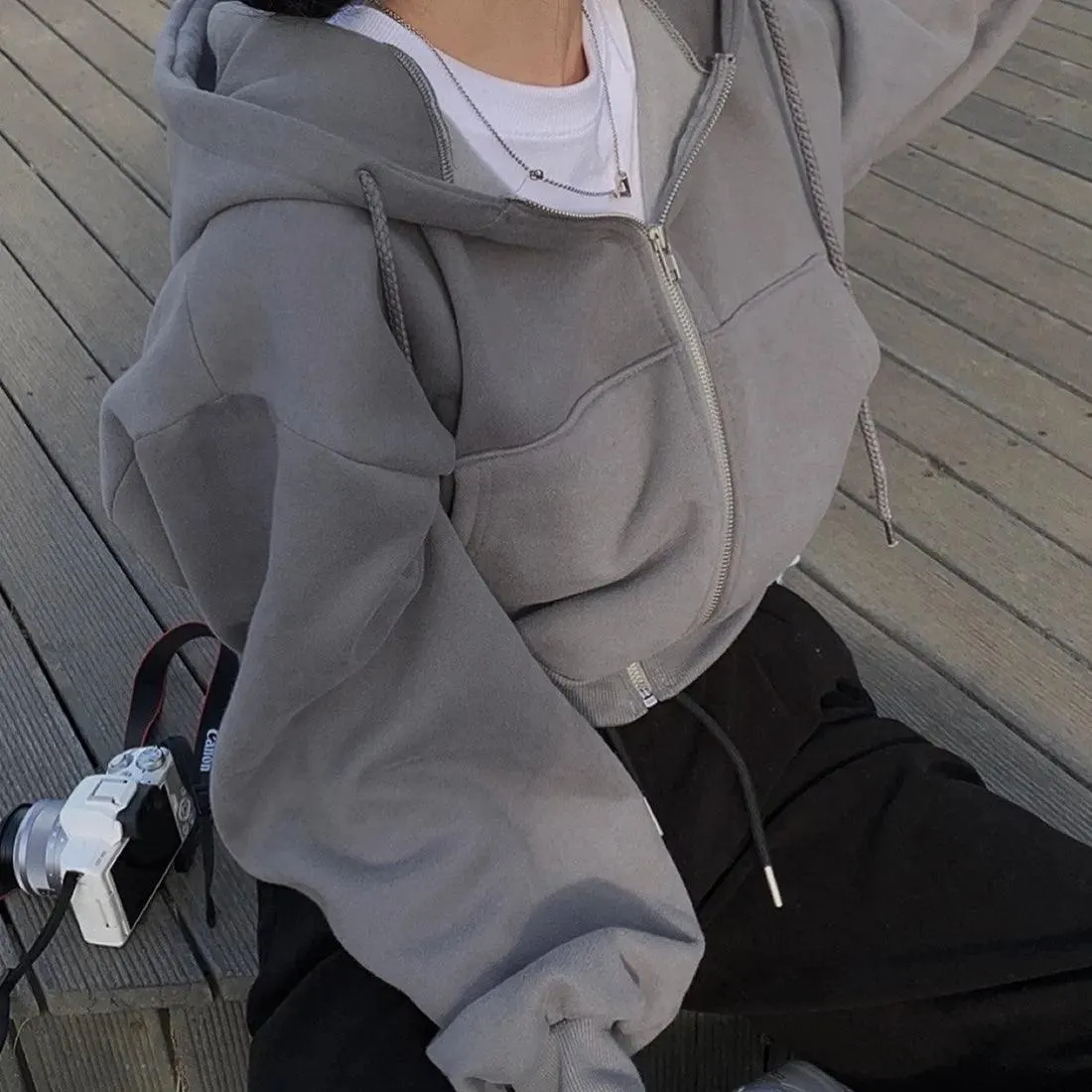 Aesthetic Solid Color Zipper Hoodie