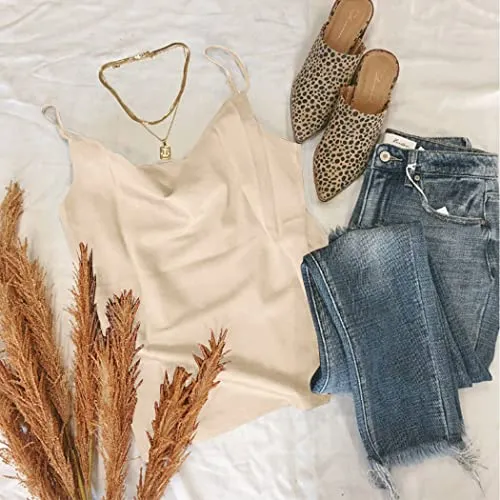 Aoulaydo Silk Satin Camisole for Women Cowl Neck Silk Tank Camis Tops Spaghetti Strap Sleeveless Loose Blouse Khaki