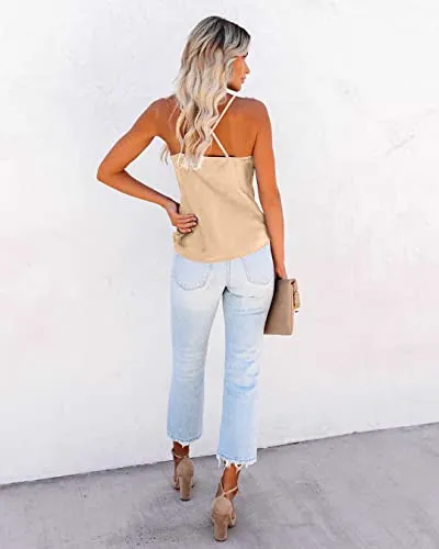 Aoulaydo Silk Satin Camisole for Women Cowl Neck Silk Tank Camis Tops Spaghetti Strap Sleeveless Loose Blouse Khaki
