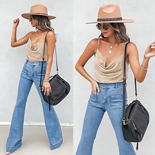Aoulaydo Silk Satin Camisole for Women Cowl Neck Silk Tank Camis Tops Spaghetti Strap Sleeveless Loose Blouse Khaki