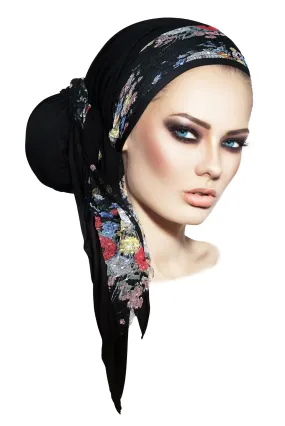 Black headscarf floral lace wrap