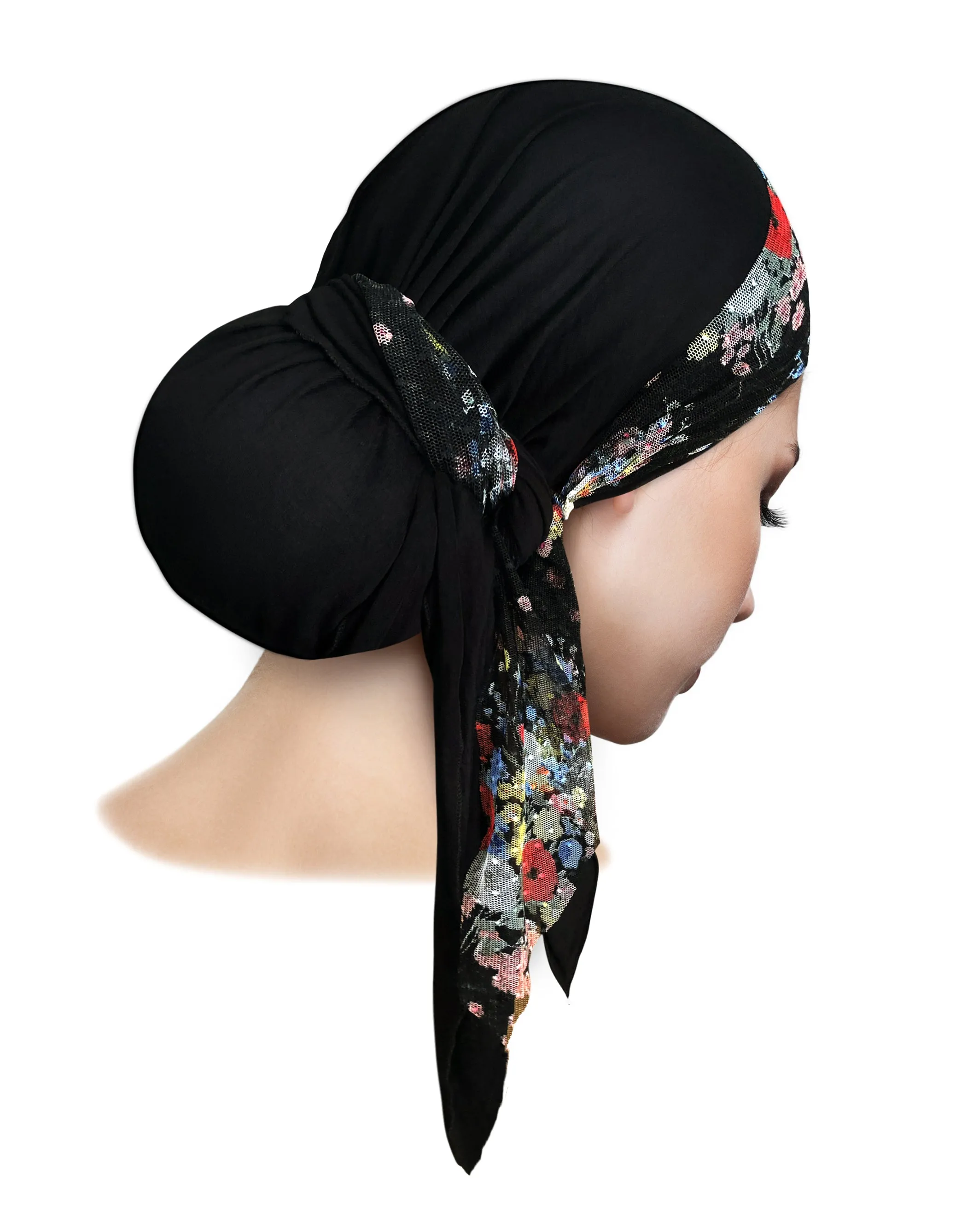 Black headscarf floral lace wrap
