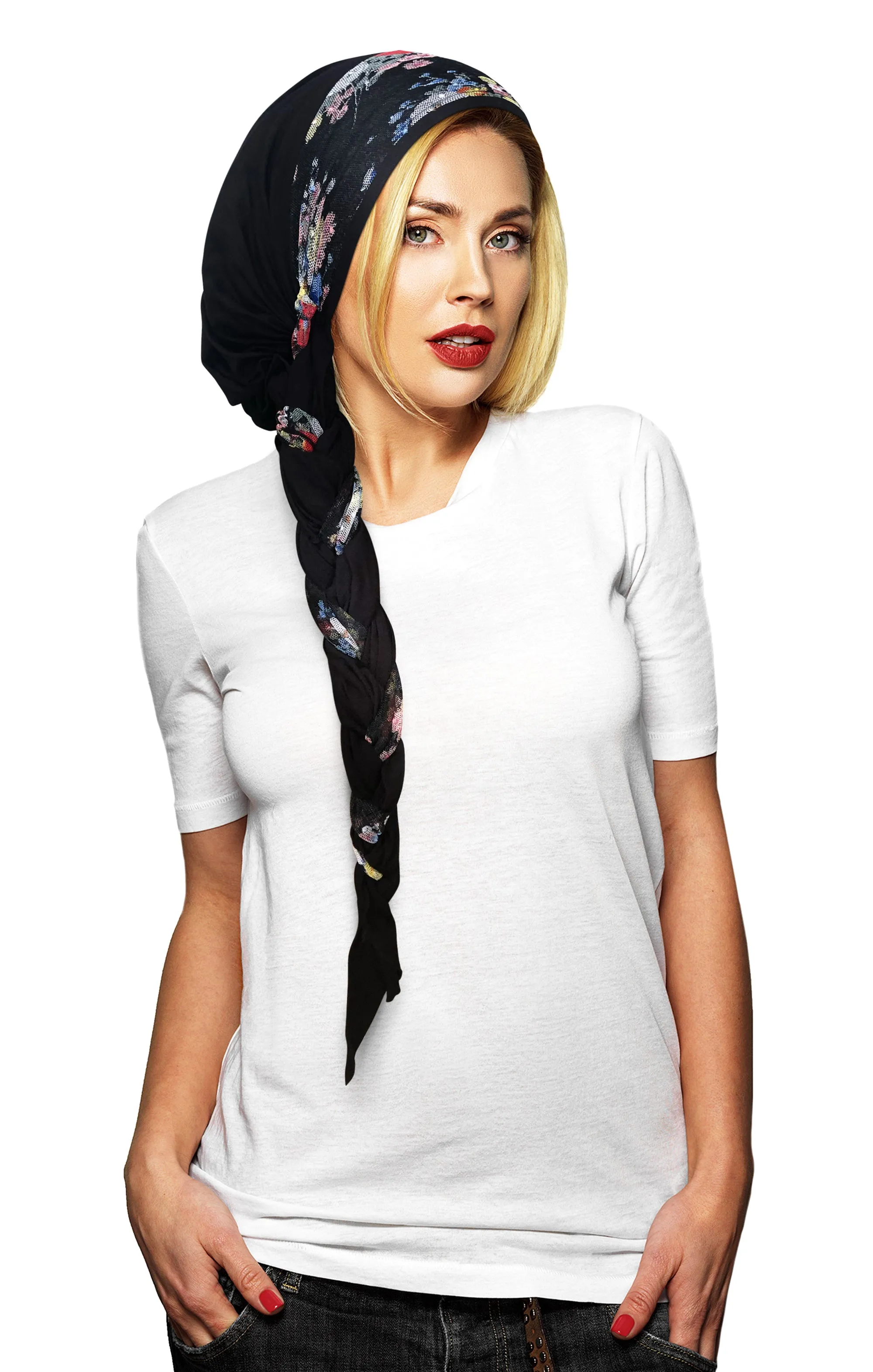 Black headscarf floral lace wrap