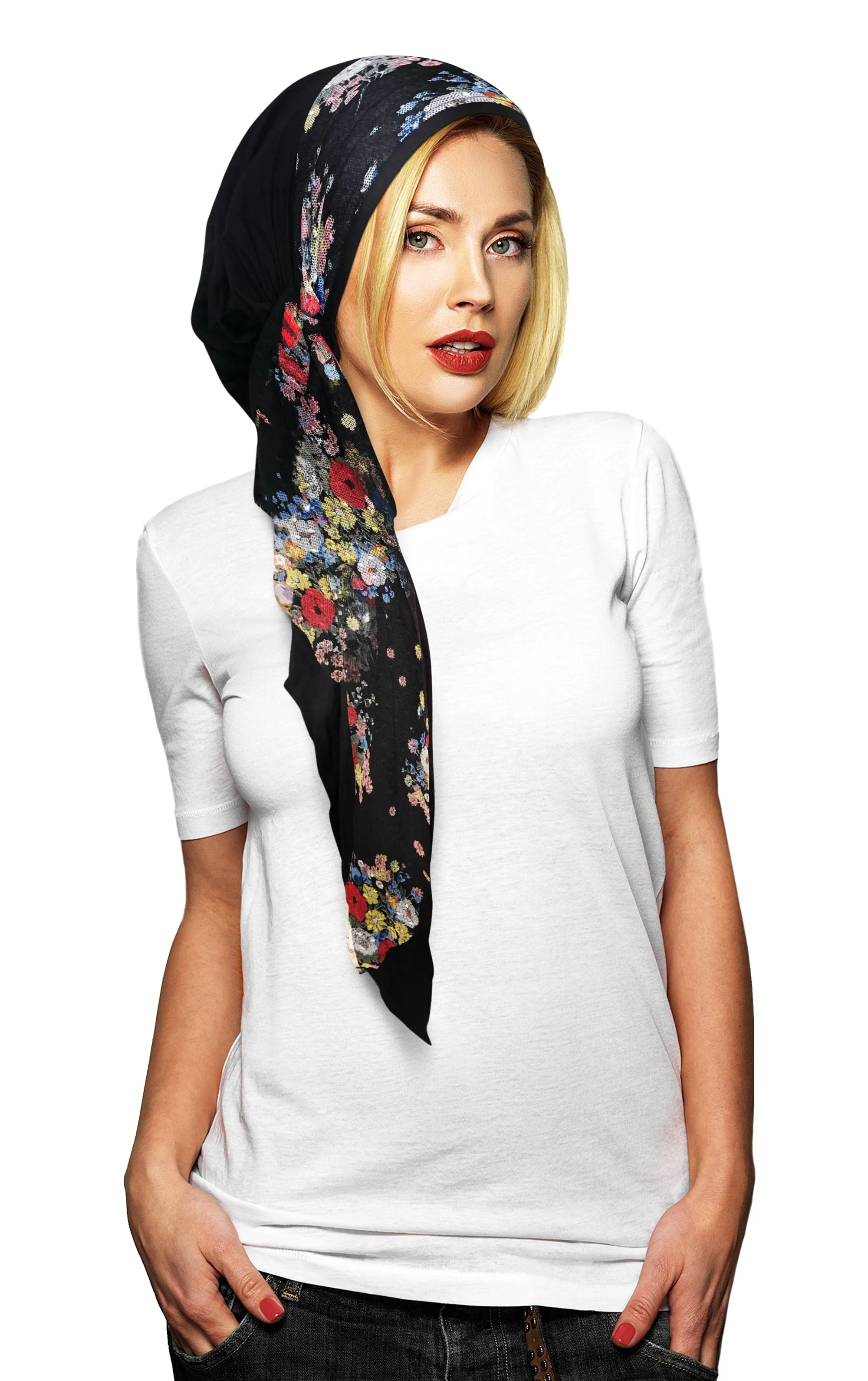 Black headscarf floral lace wrap