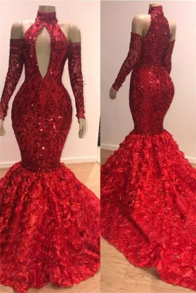 Chic Mermaid Halter Long-Sleeves Long Prom Party Gowns