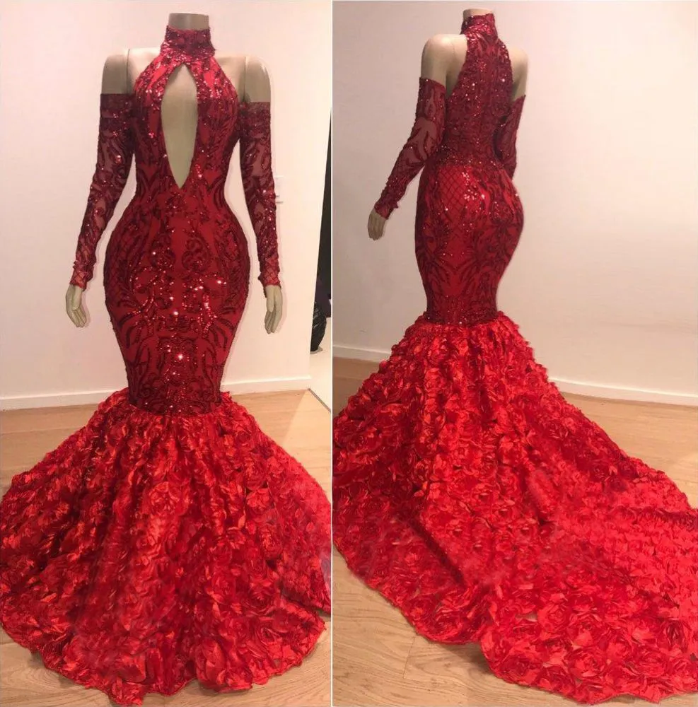 Chic Mermaid Halter Long-Sleeves Long Prom Party Gowns