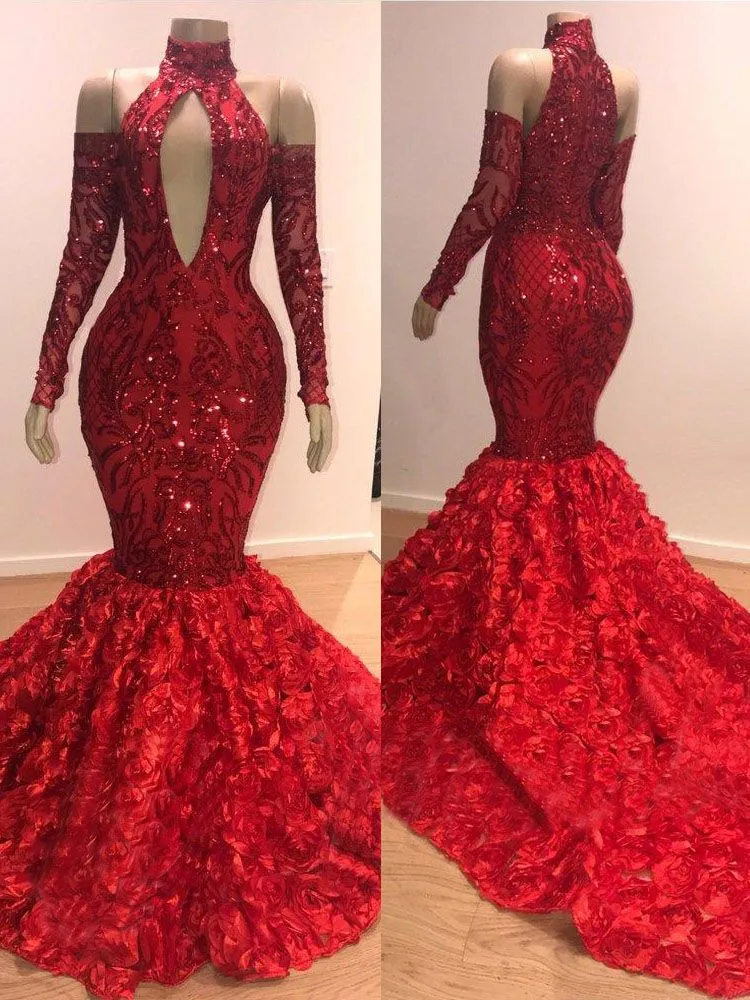 Chic Mermaid Halter Long-Sleeves Long Prom Party Gowns