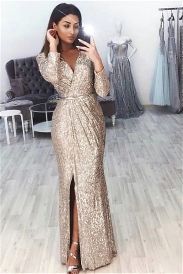 Chic V-Neck Long Sleevess Front Slipt Mermaid Prom Party Gowns