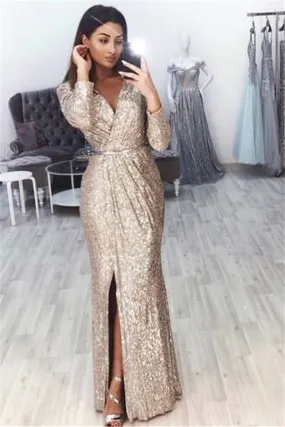 Chic V-Neck Long Sleevess Front Slipt Mermaid Prom Party Gowns