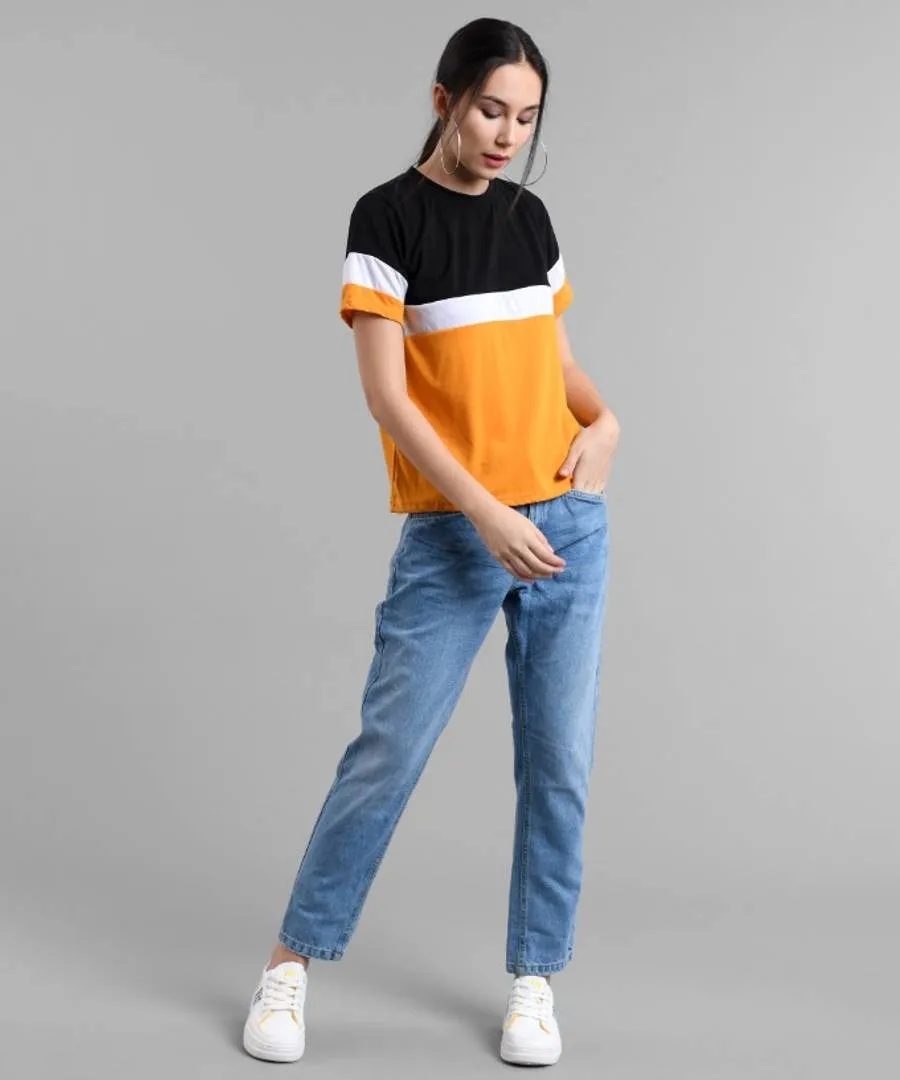 Elizy Women Black White Pink Colour Block T-shirt