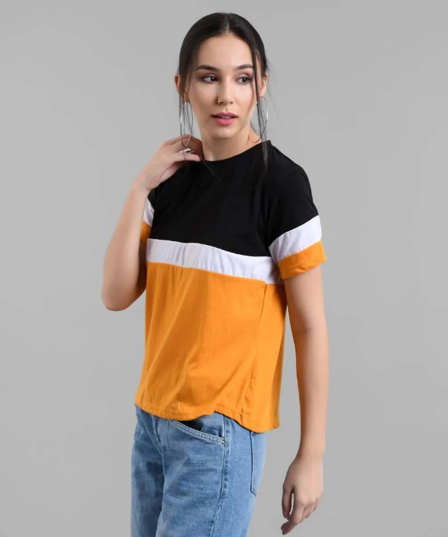 Elizy Women Black White Pink Colour Block T-shirt
