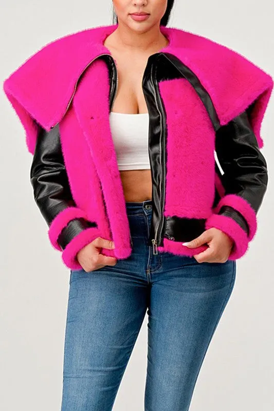 EM statement pink Faux Fur Aviator Jacket