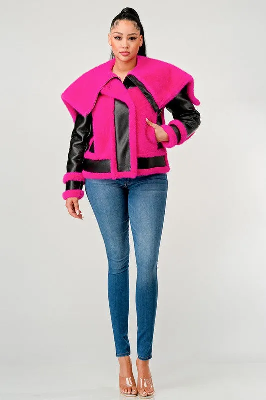 EM statement pink Faux Fur Aviator Jacket