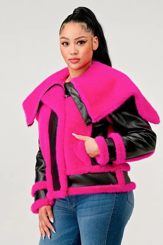 EM statement pink Faux Fur Aviator Jacket
