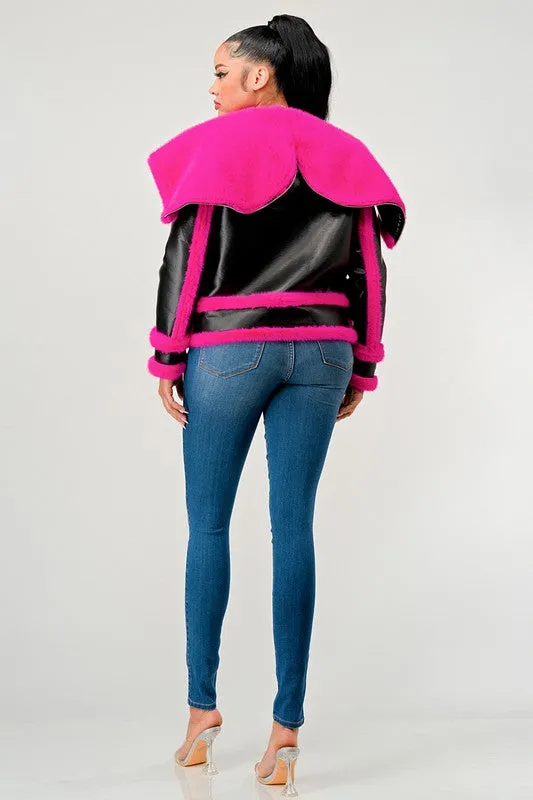 EM statement pink Faux Fur Aviator Jacket