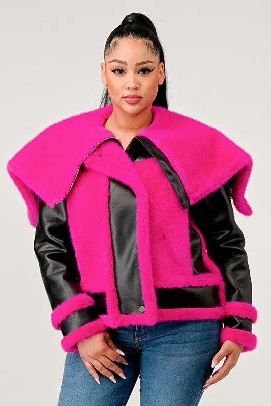 EM statement pink Faux Fur Aviator Jacket