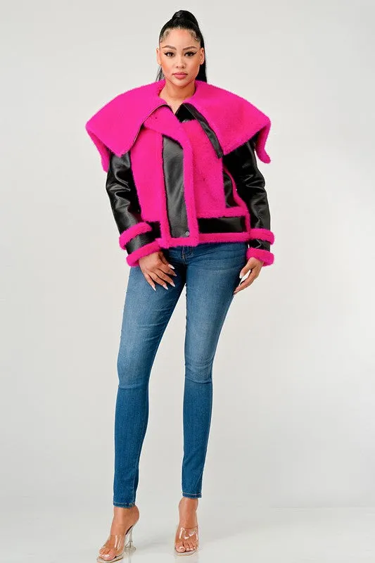 EM statement pink Faux Fur Aviator Jacket