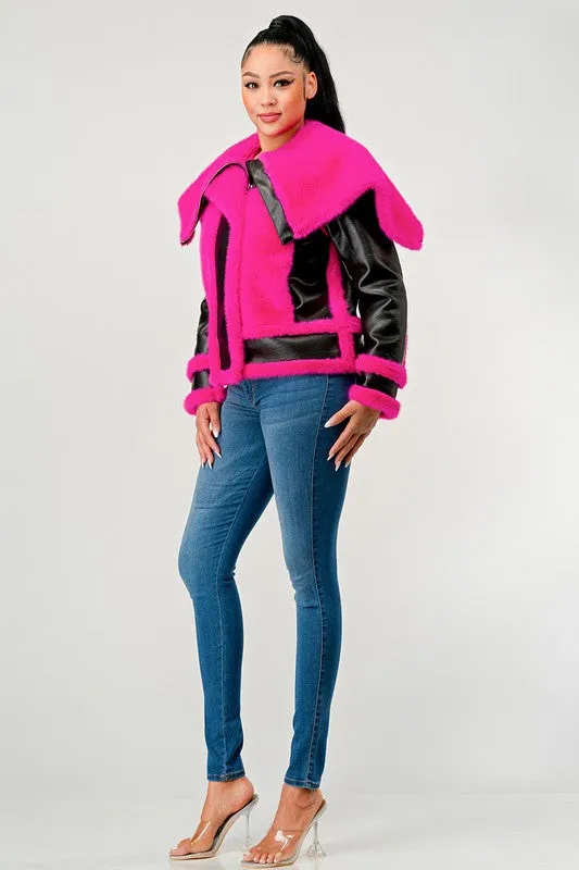 EM statement pink Faux Fur Aviator Jacket