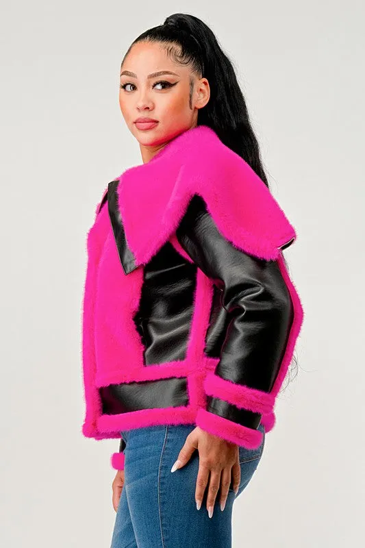 EM statement pink Faux Fur Aviator Jacket