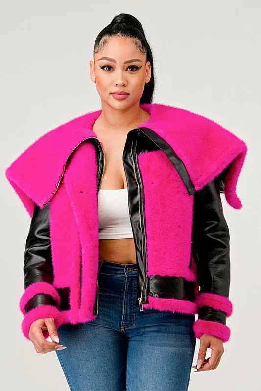 EM statement pink Faux Fur Aviator Jacket