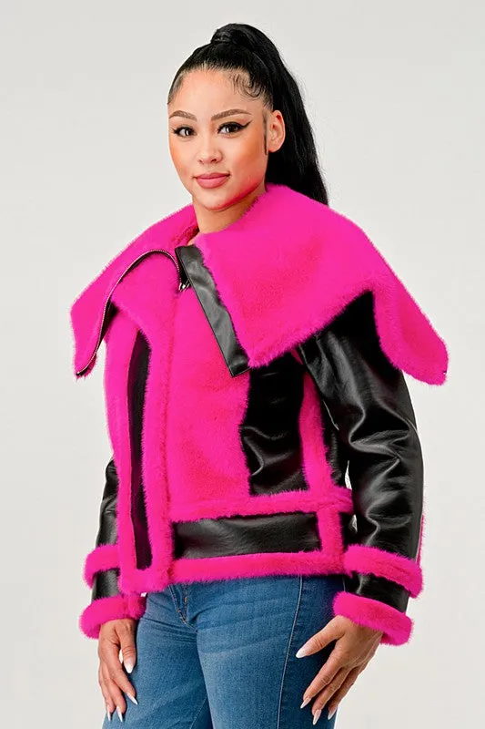 EM statement pink Faux Fur Aviator Jacket