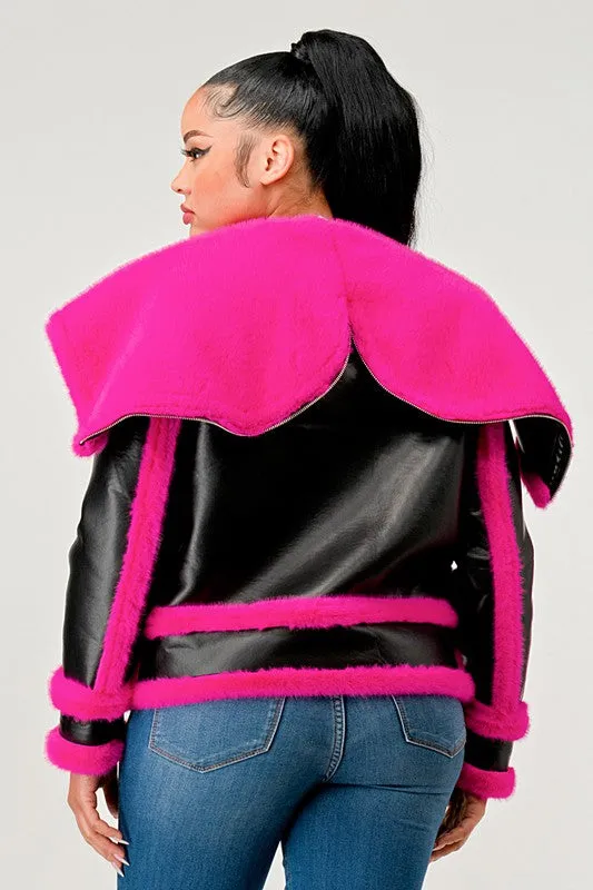 EM statement pink Faux Fur Aviator Jacket