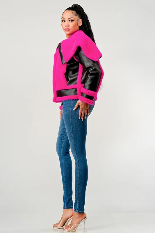 EM statement pink Faux Fur Aviator Jacket