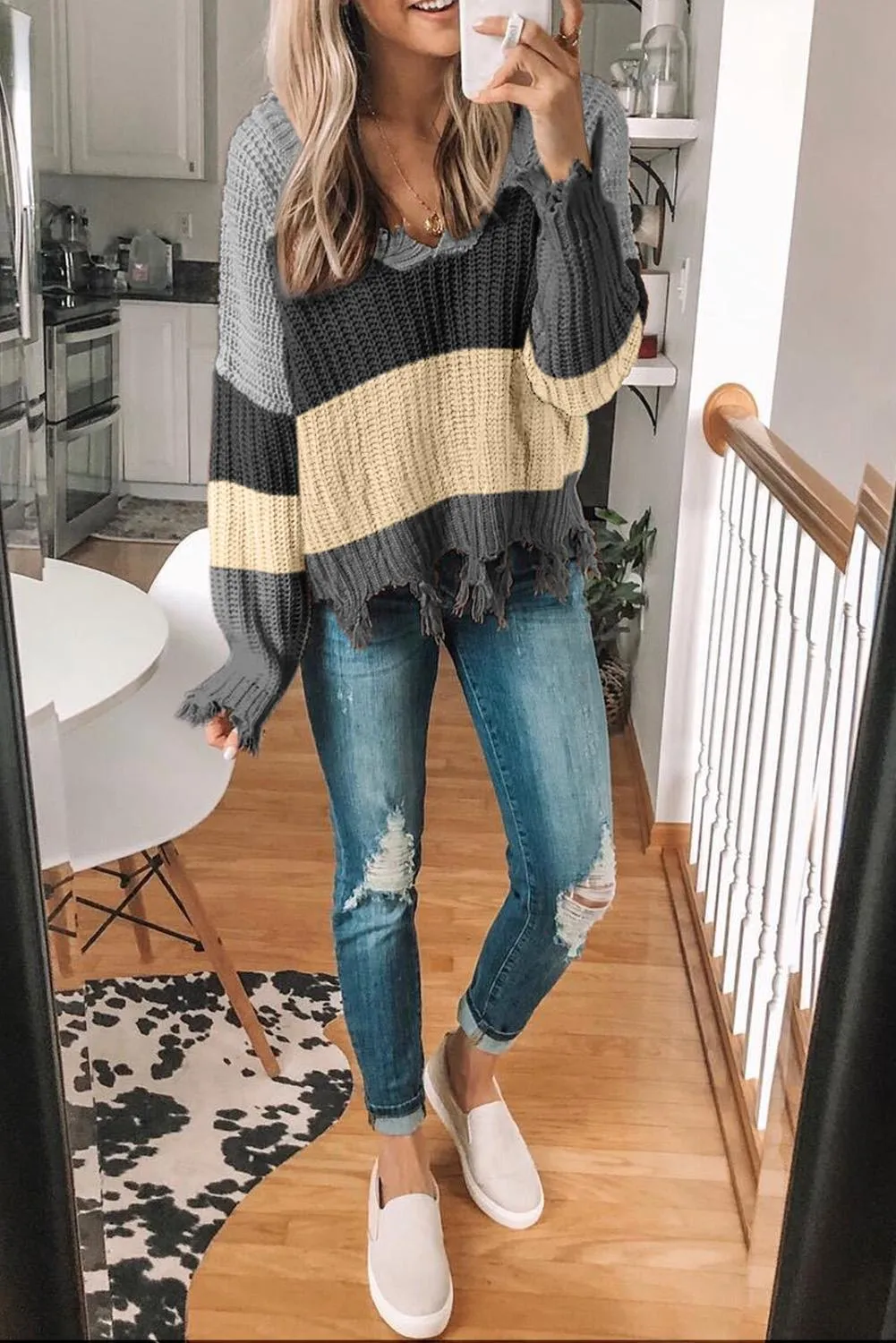 Fashion Gray Colorblock Distressed Sweater