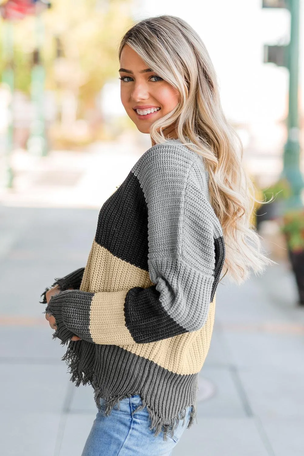 Fashion Gray Colorblock Distressed Sweater