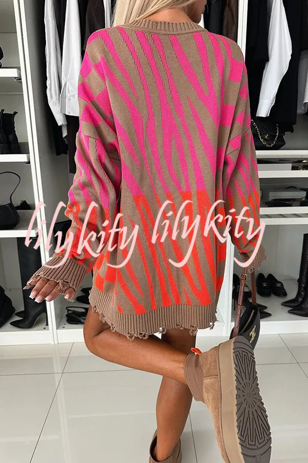 Fashionable Knit Zebra Geometric Pattern Frayed Hem Loose Sweater