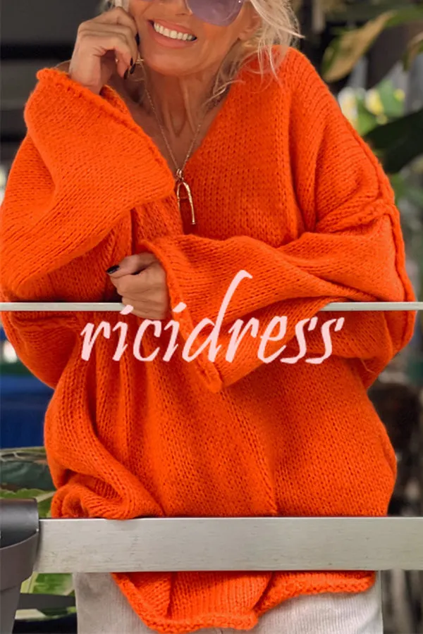 Fashionable Patchwork V-neck Long-sleeved Knitted Sweater