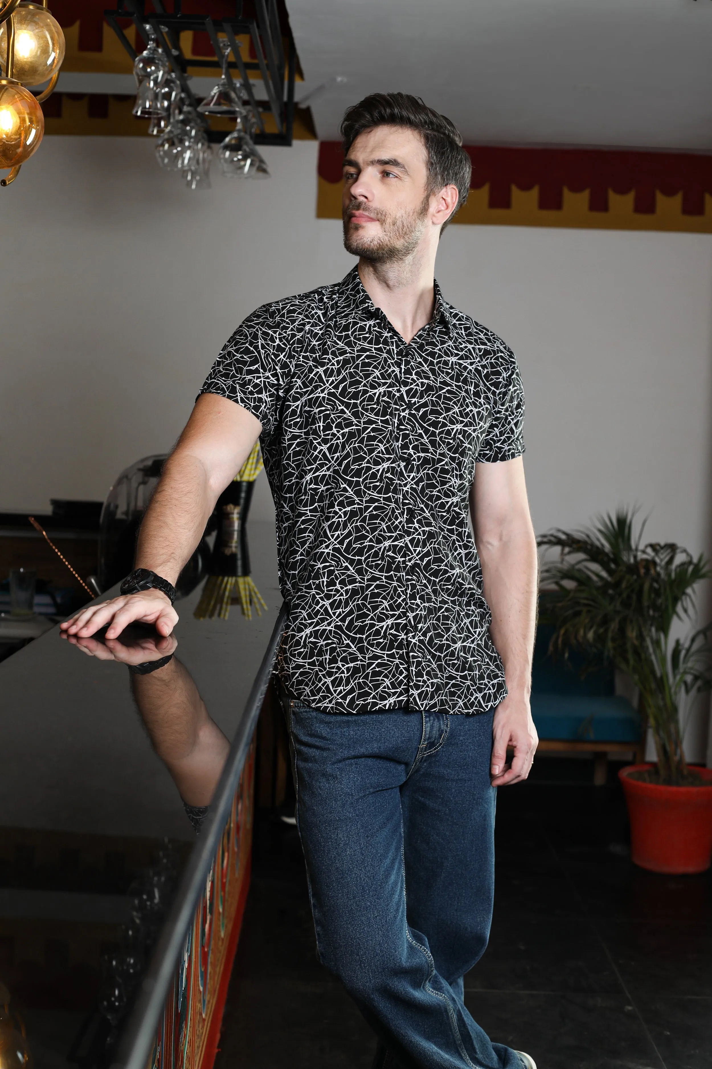 Halfsleeve Black Printed Cotton Shirt