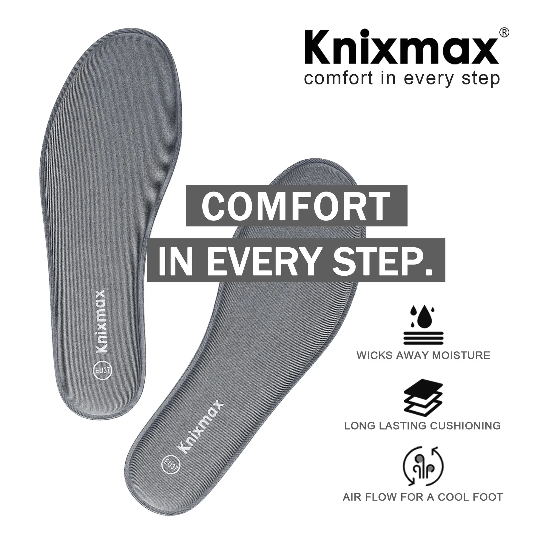 Knixmax Women's Memory Foam Insoles, Grey, for Athletic Shoes & Sneakers