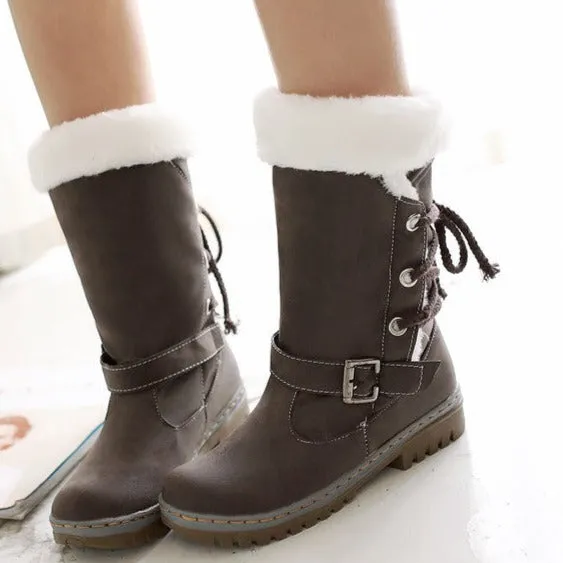 Mid Calf Boots Buckle Fur Lining Flat Snow Boots For Women