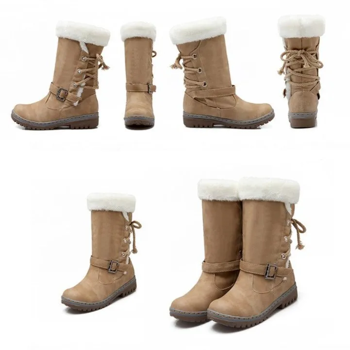 Mid Calf Boots Buckle Fur Lining Flat Snow Boots For Women