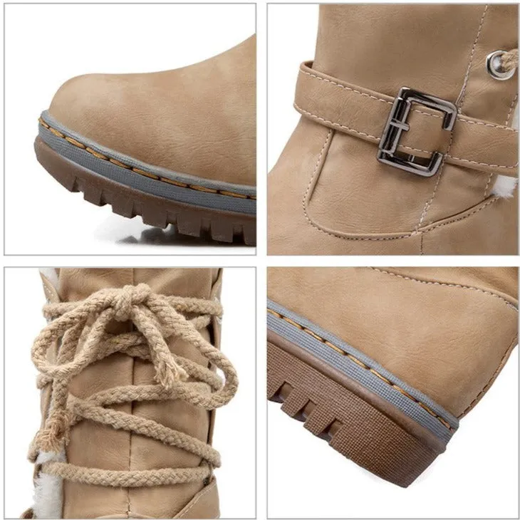 Mid Calf Boots Buckle Fur Lining Flat Snow Boots For Women