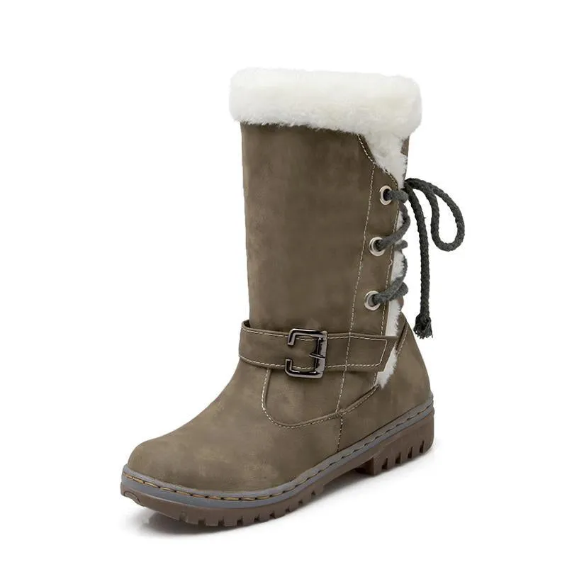 Mid Calf Boots Buckle Fur Lining Flat Snow Boots For Women