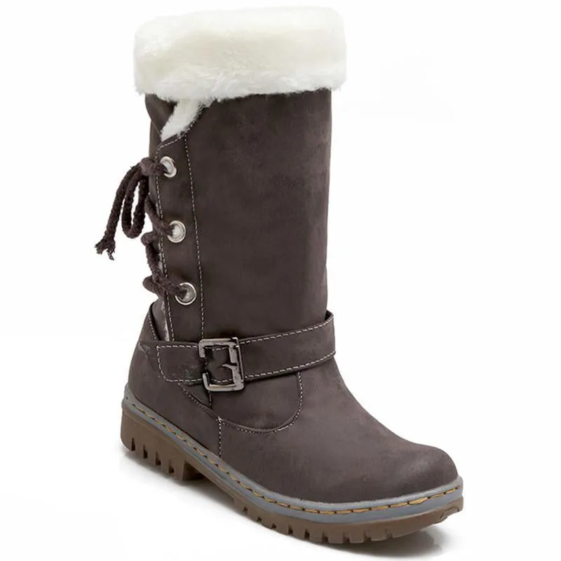 Mid Calf Boots Buckle Fur Lining Flat Snow Boots For Women