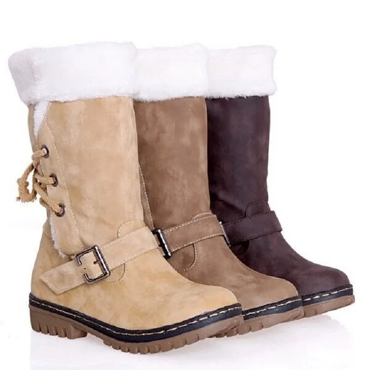 Mid Calf Boots Buckle Fur Lining Flat Snow Boots For Women