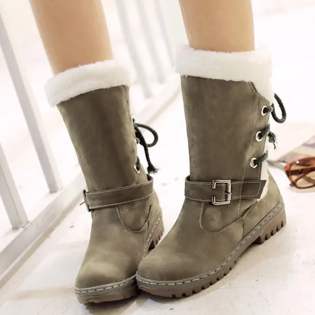 Mid Calf Boots Buckle Fur Lining Flat Snow Boots For Women
