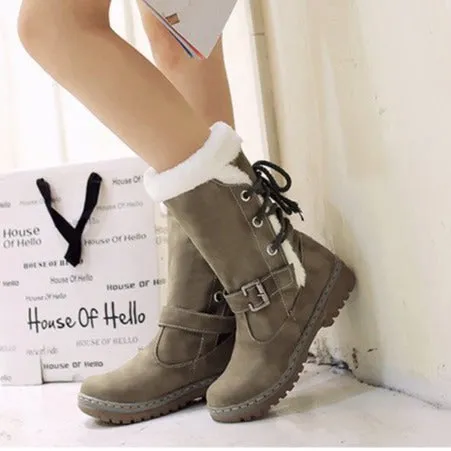 Mid Calf Boots Buckle Fur Lining Flat Snow Boots For Women
