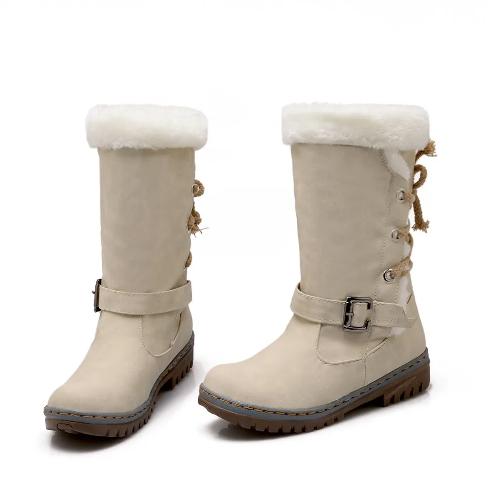 Mid Calf Boots Buckle Fur Lining Flat Snow Boots For Women