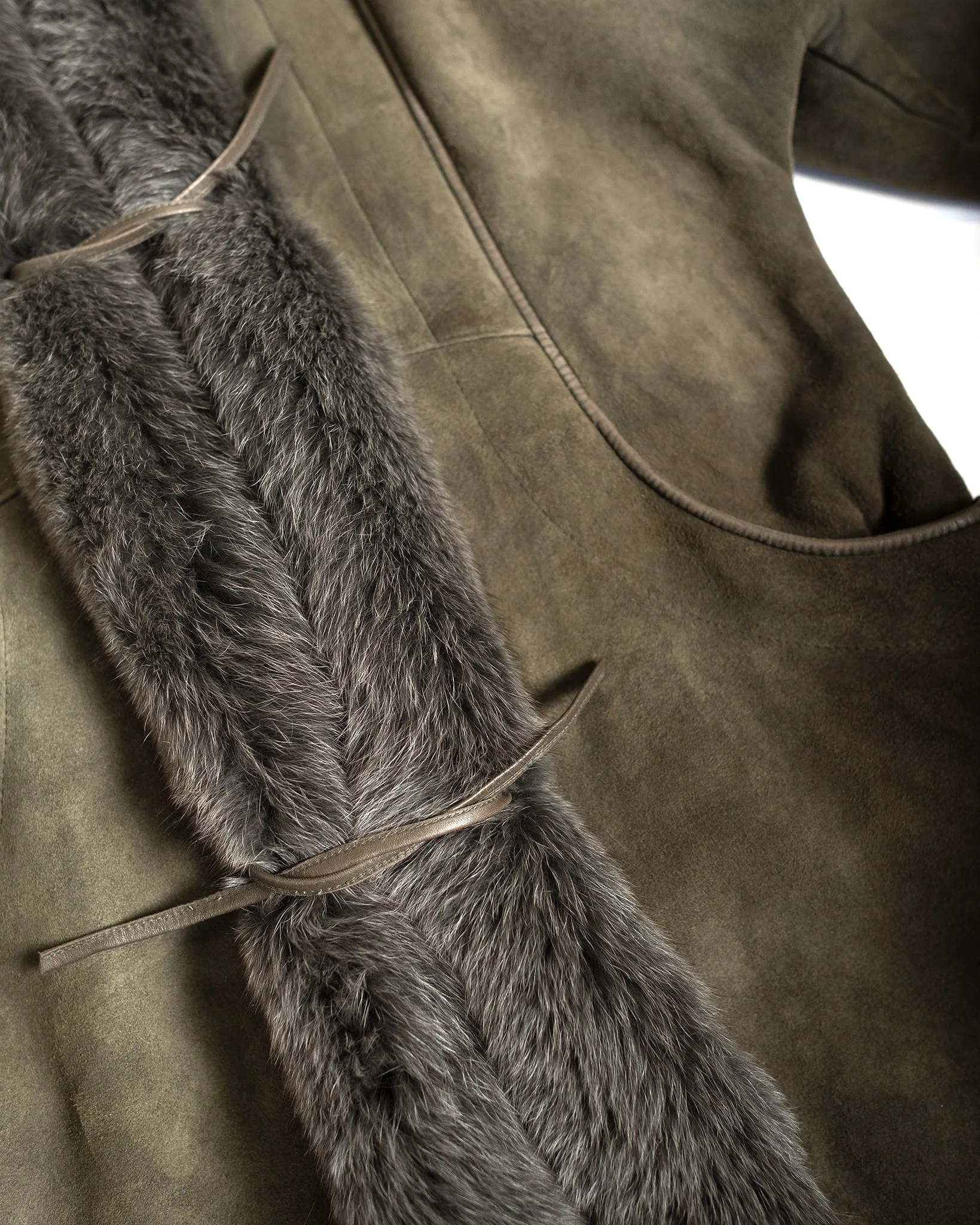Nina  Ricci Olive Shearling Coat with Fur Collar and Cuffs