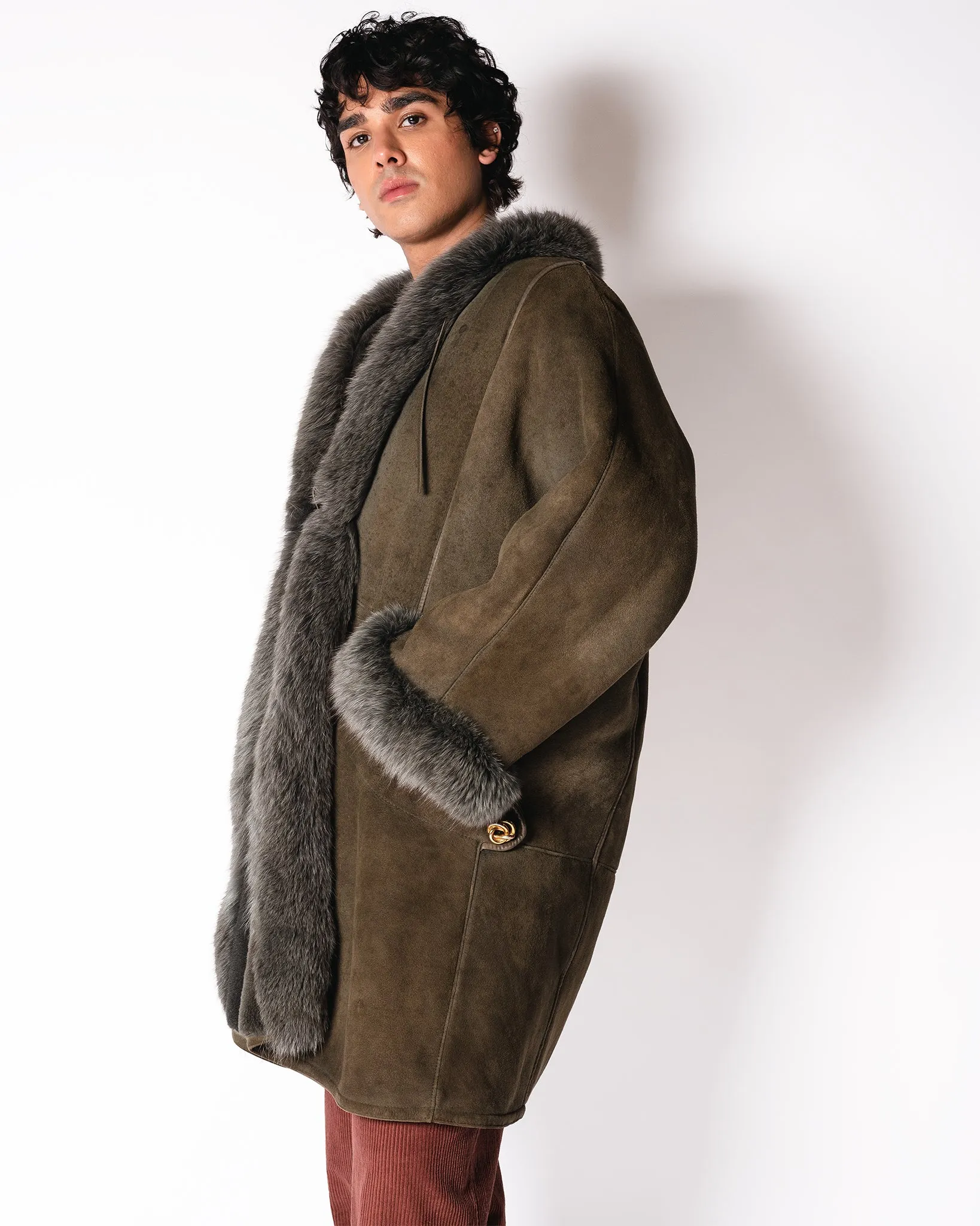 Nina  Ricci Olive Shearling Coat with Fur Collar and Cuffs