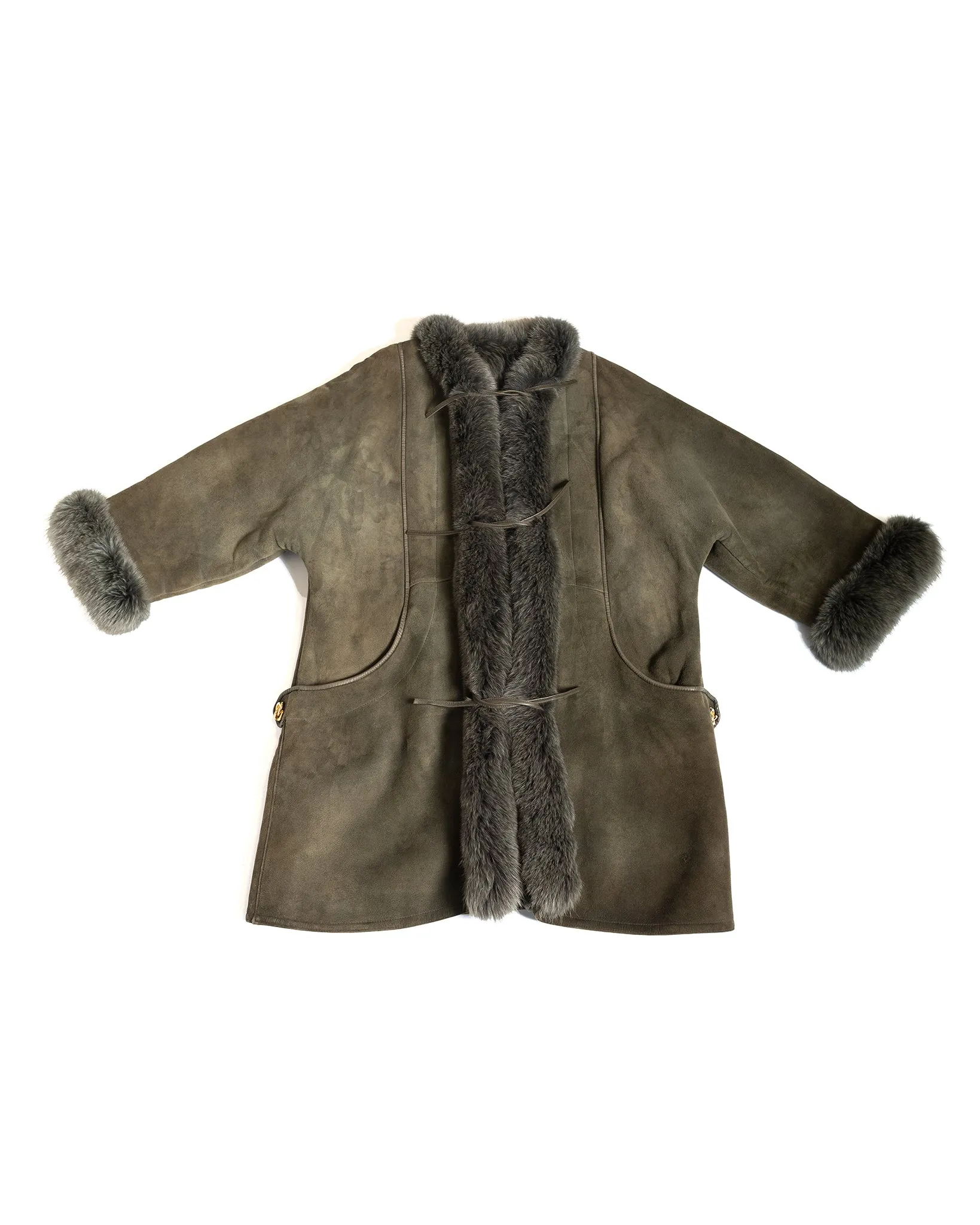 Nina  Ricci Olive Shearling Coat with Fur Collar and Cuffs