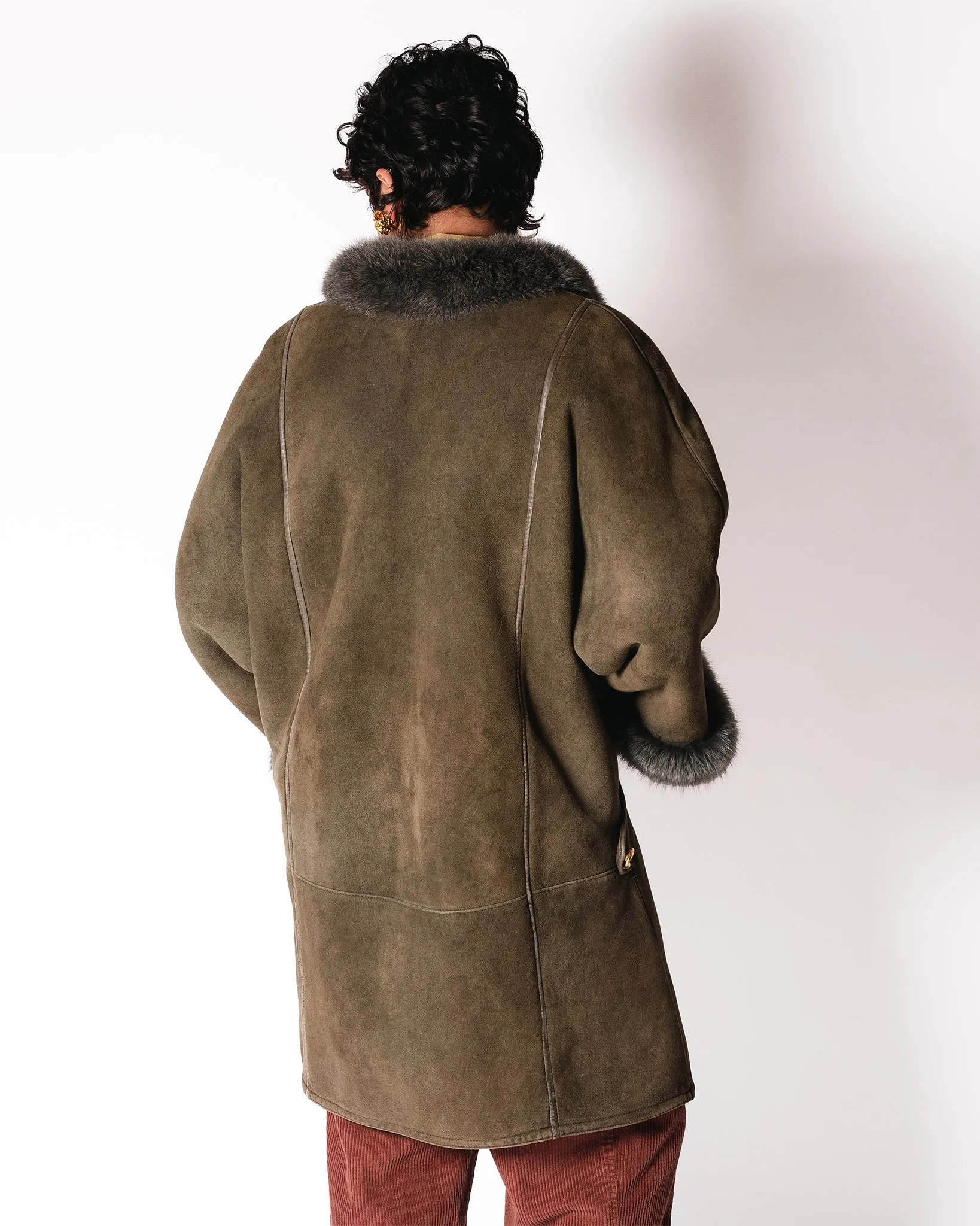 Nina  Ricci Olive Shearling Coat with Fur Collar and Cuffs